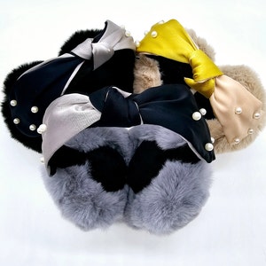 Fluffy Faux Fur Stylish Earmuffs, Foldable Earmuffs With Pearl Accent Bow Knot, Cute Ear Warmers, Gifts Under 15, Gift For Her, Gift to Give