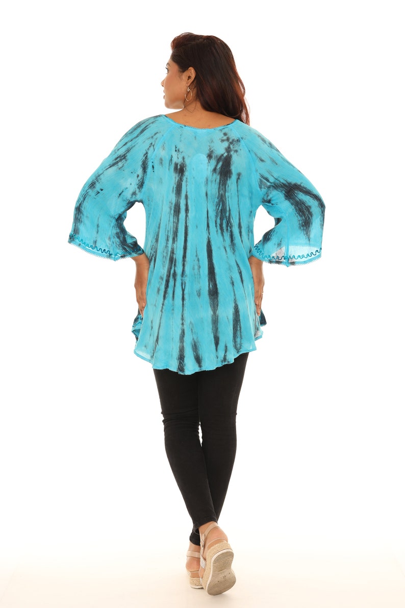 Women's Tie Dye Tunic Top with Embroidery Neckline, Boho Tunic Top With Rhinestone Accent, Plus Size Tunic Top, Spring Summer Tops For Women zdjęcie 7