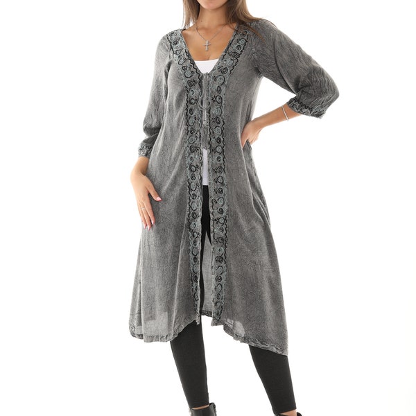 Women's Boho Kimono Duster, Sequin-Accent Embroidered Stylish Long Duster, Open Kimono Cardigan, Plus Size Kimono Cover Up, Gift For Her