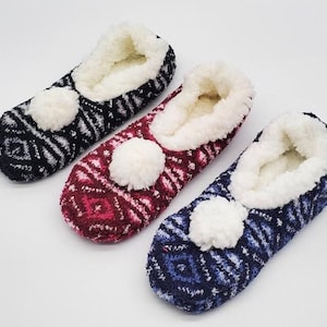 Faux Fur Pom Pom Slipper Socks: Women's Non-Skid Sherpa Fleece Slippers