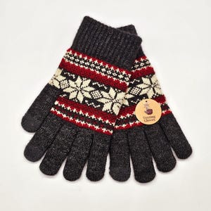 May include: A pair of black and white patterned knit gloves with red accents. The gloves are designed for texting and have a tag that reads "Texting Gloves".