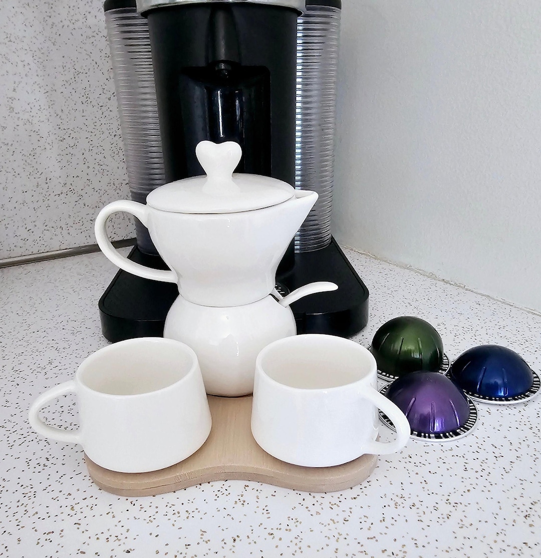 White Porcelain Espresso Cup Set With Sugar and Creamer: on Bamboo Tray ...