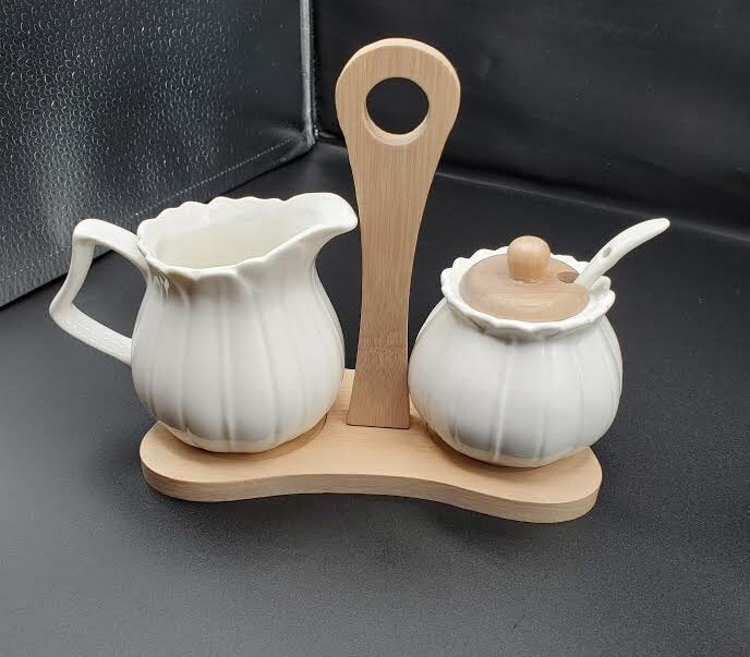 White Porcelain Sugar and Creamer Set With Bamboo Tray - Etsy