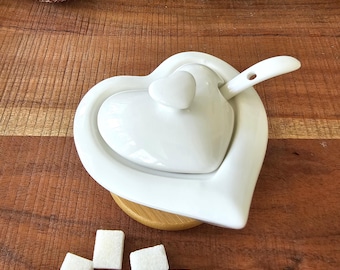 Heart Shaped Porcelain Sugar Bowl with Bamboo Base, Lid & Spoon