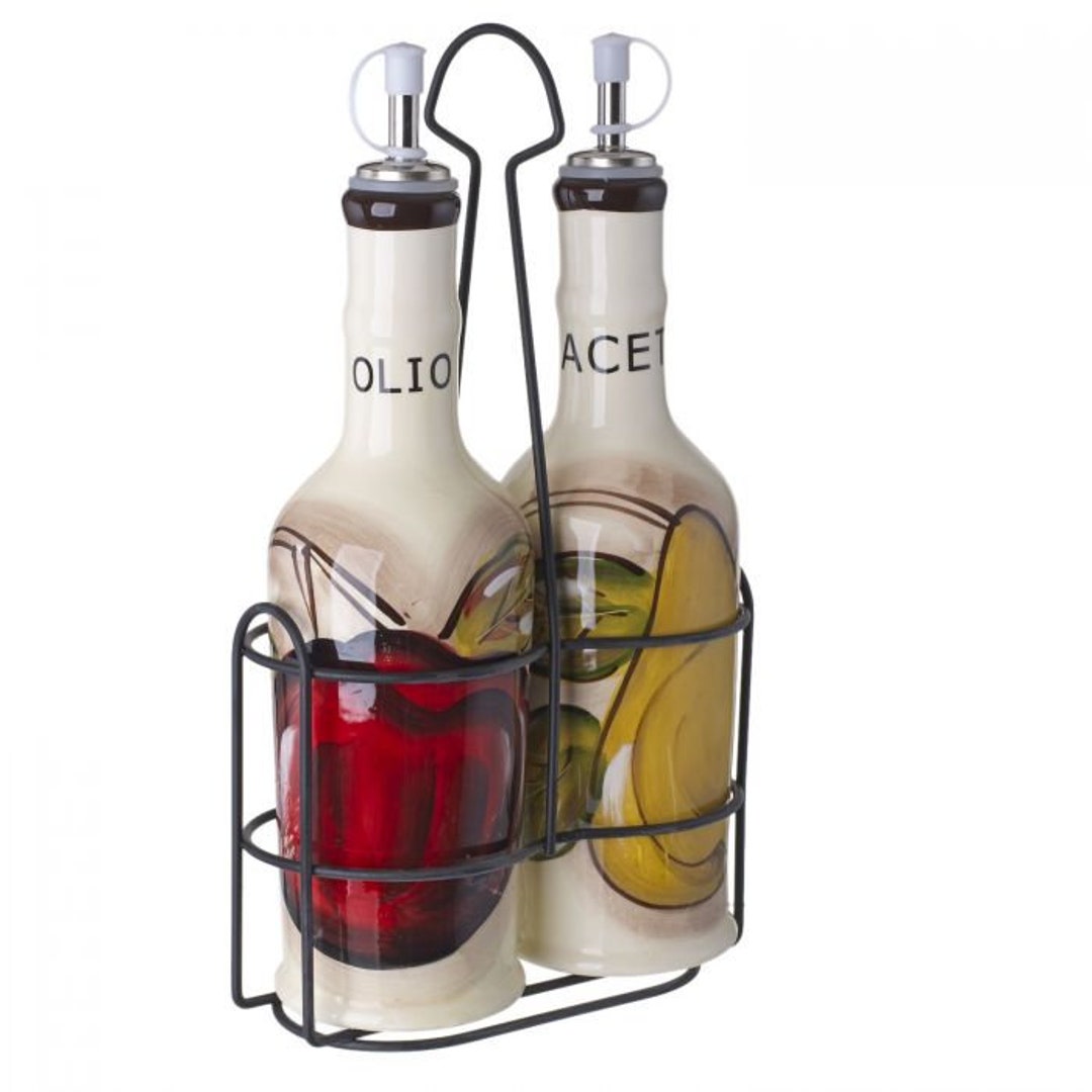 Ceramic Oil and Vinegar Cruet Set With Caddy, Dispenser for Olive Oil