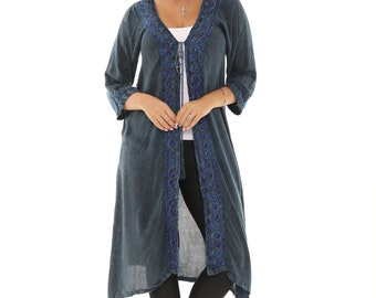 Women's Boho Kimono Duster, Sequin-Accent Embroidered Stylish Long Duster, Open Kimono Cardigan, Plus Size Kimono Cover Up, Gift For Her