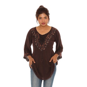 Women's Embroidered Scoop Neck Lace-Accent Tunic Top, Boho Tunic Top With Rhinestone Accent, Plus Size Tunic Top, Ladies Spring Summer Tunic