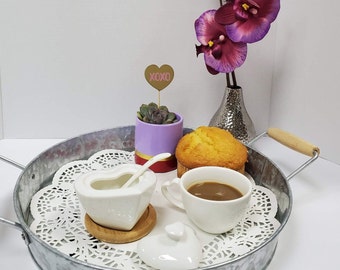 Heart Shaped Sugar Holder On Bamboo Base, White Porcelain Sugar Bowl With Spoon and Lid, Gift For Valentine, Gift For Home