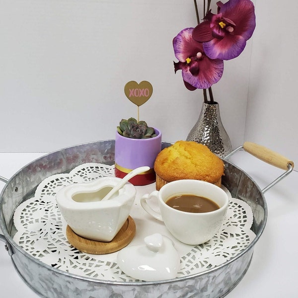 Heart Shaped Sugar Holder On Bamboo Base, White Porcelain Sugar Bowl With Spoon and Lid, Gift For Valentine, Gift For Home