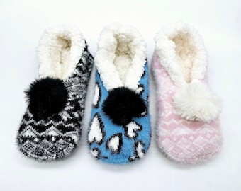Calcetines pantufla forrados con sherpa de piel sintética: Botines de interior con pompones para mujer