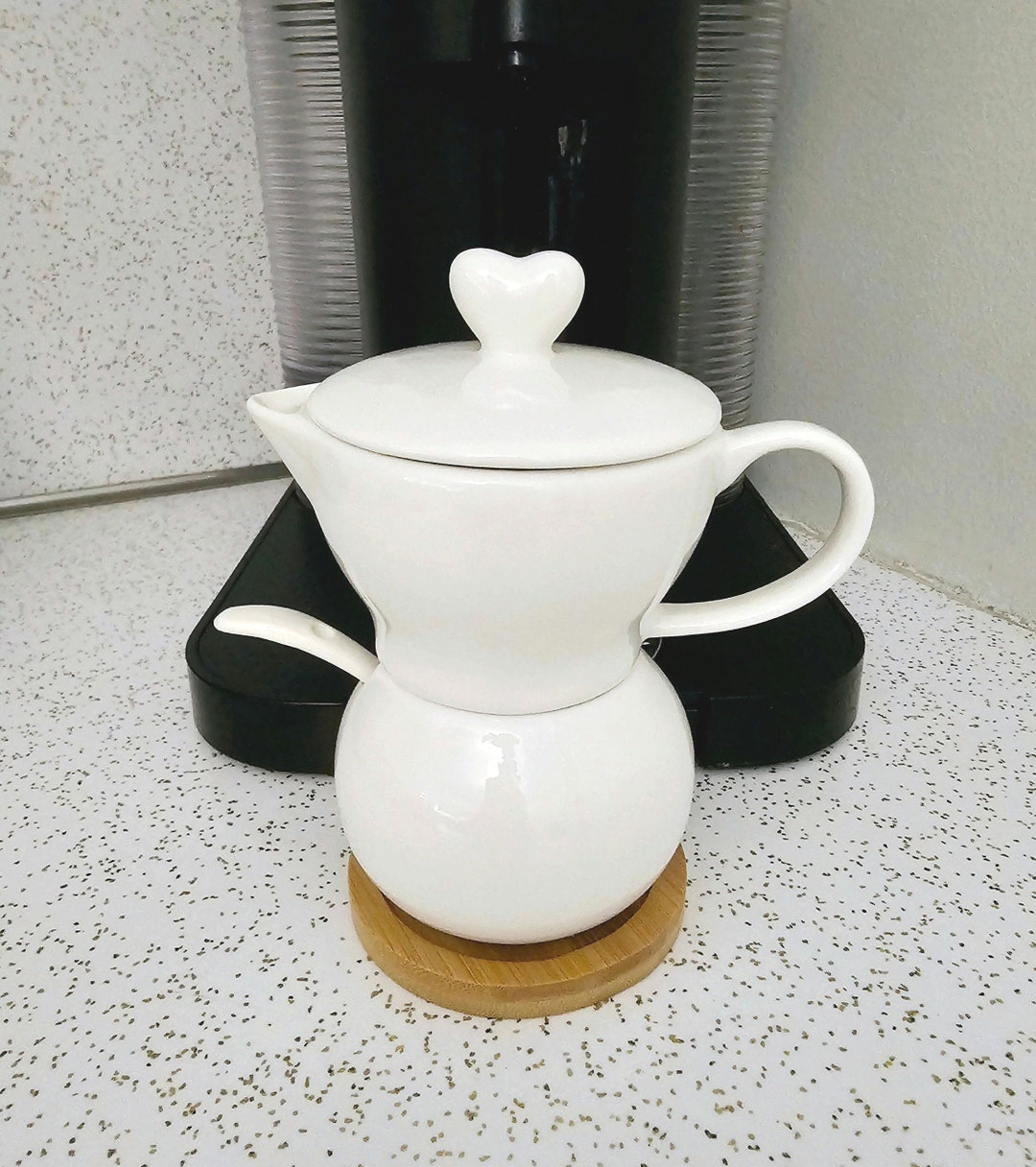 White Porcelain Creamer and Sugar Holder in One With Spoon on Bamboo ...