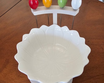 White Porcelain Antipasto Bowl With Colorful Picks, Unique Appetizer Bowl With Picks On Bamboo Base, Cute Serving Bowl, Housewarming Gift