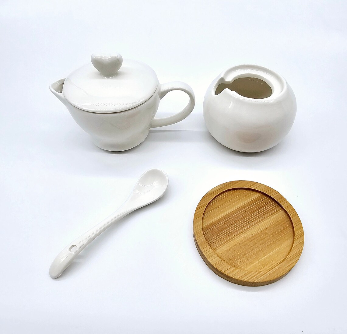 White Porcelain Creamer and Sugar Holder With Spoon, Tea Serving Set on ...