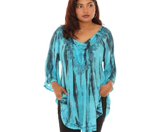 Haut tunique tie-dye pour femme avec encolure brodée, haut tunique bohème avec accent de strass, haut tunique grande taille, hauts printemps-été pour femmes