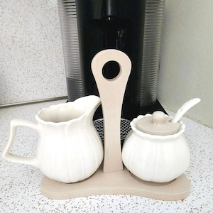White Porcelain Sugar And Creamer Set, Cream And Sugar Set With Spoon On Bamboo Tray, Unique Gift Idea, House Warming Gift, Gift For Mom