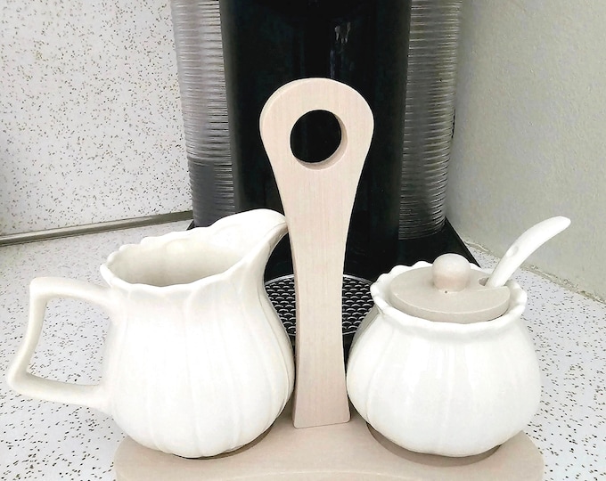 White Porcelain Sugar and Creamer Set with Bamboo Tray