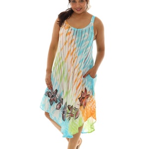 Women&#39;s Tie Dye Floral Print Sleeveless Summer Dress, Boho Chic Casual Trendy Ombre Midi Sundress, Beach Resort Wear, ONE Size-ONE Size PLUS