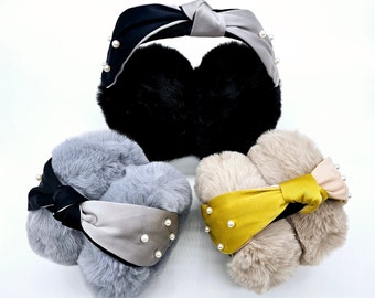 Women's Faux Fur Earmuffs With Pearl Accent Bow Knot, Foldable Fluffy Cute Ear Warmers, Winter Accessories, Gift For Her