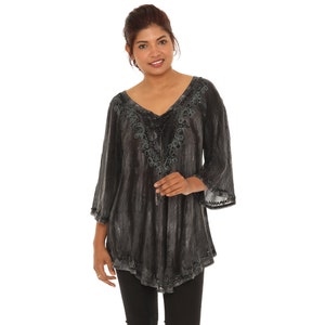 Women's Tie Dye Tunic Top with Embroidery Neckline, Boho Tunic Top With Rhinestone Accent, Plus Size Tunic Top, Spring Summer Tops For Women Black