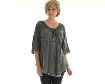 Women's Embroidered Scoop Neck Lace-Accent Tunic Top, Boho Tunic Top With Rhinestone Accent, Plus Size Tunic Top, Ladies Spring Summer Tunic