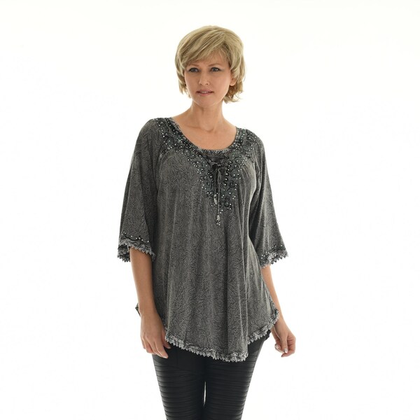 Women's Embroidered Scoop Neck Lace-Accent Tunic Top, Boho Tunic Top With Rhinestone Accent, Plus Size Tunic Top, Ladies Spring Summer Tunic