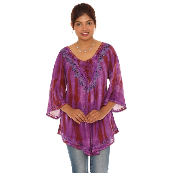 Women's Tie Dye Tunic Top with Embroidery Neckline, Boho Tunic Top With Rhinestone Accent, Plus Size Tunic Top, Spring Summer Tops For Women