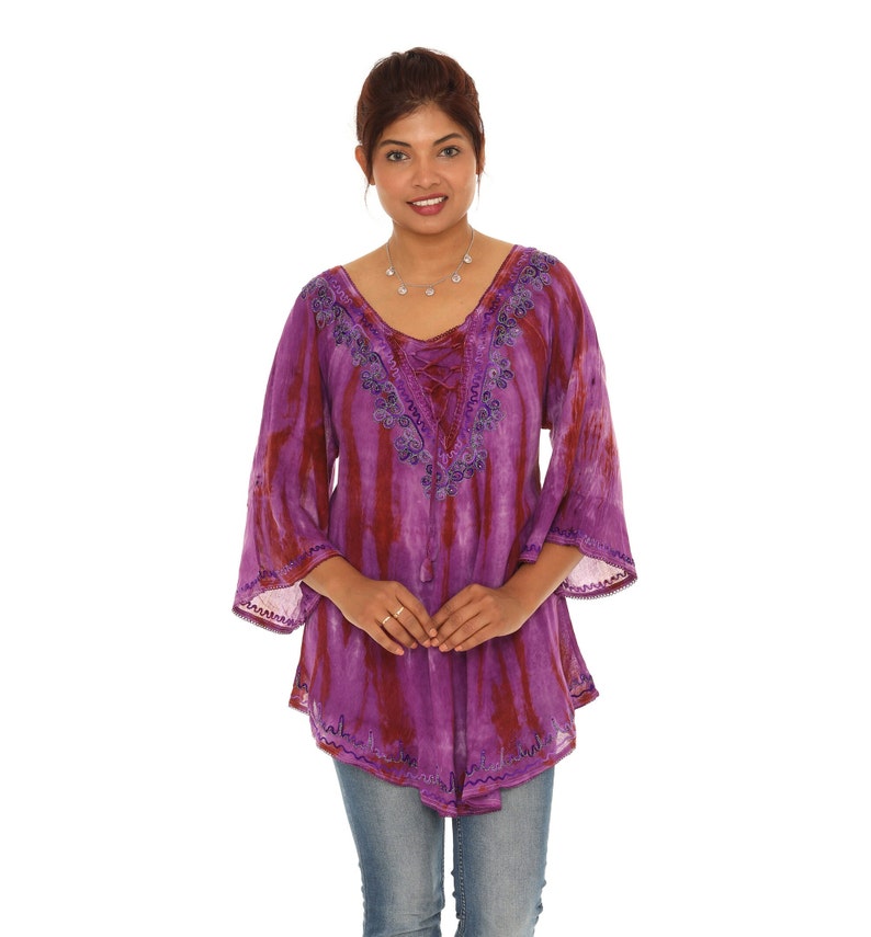 Women's Tie Dye Tunic Top with Embroidery Neckline, Boho Tunic Top With Rhinestone Accent, Plus Size Tunic Top, Spring Summer Tops For Women Purple