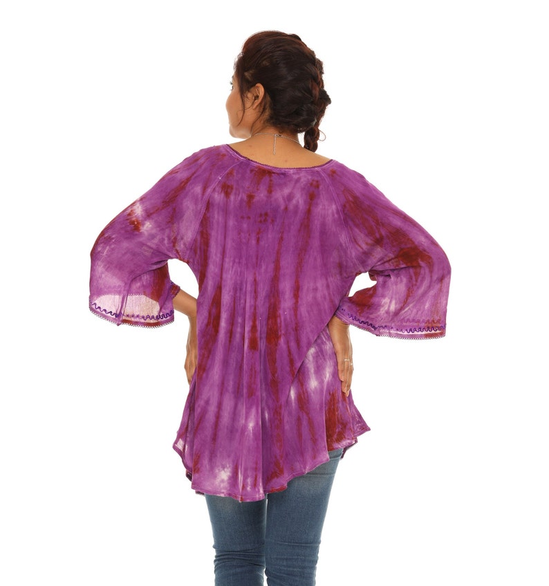 Haut tunique tie-dye pour femme avec encolure brodée, haut tunique bohème avec accent de strass, haut tunique grande taille, hauts printemps-été pour femmes image 6