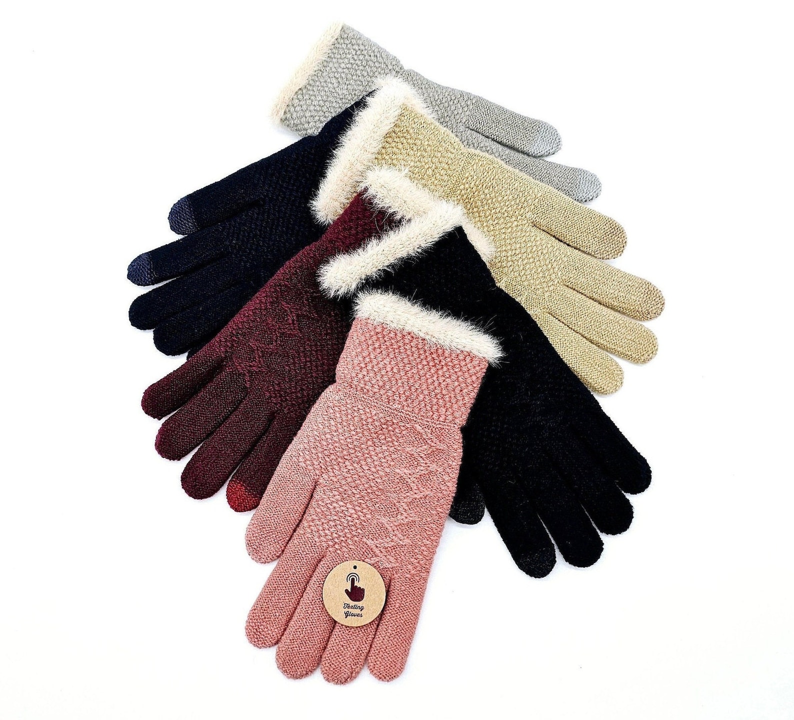 Women's Comfy Touch Screen Knit Gloves: Faux Fur Cuff, Textured Warm Texting Gloves
