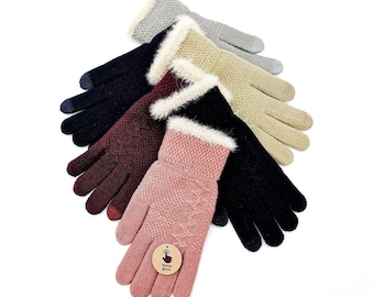 Women's Warm Knit Touch Screen Texting Gloves Assorted Colors Textured Faux Fur Cuff Comfy Stretchable Gift For Adults Gifts For Her