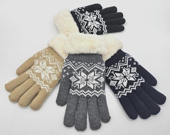 Warme Winterhandschuhe mit Kunstpelz für Damen: Schneeflockenmuster Bequeme weiche Handschuhe