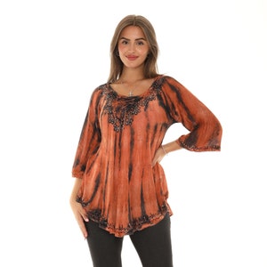 Women's Tie Dye Tunic Top with Embroidery Neckline, Boho Tunic Top With Rhinestone Accent, Plus Size Tunic Top, Spring Summer Tops For Women Rust