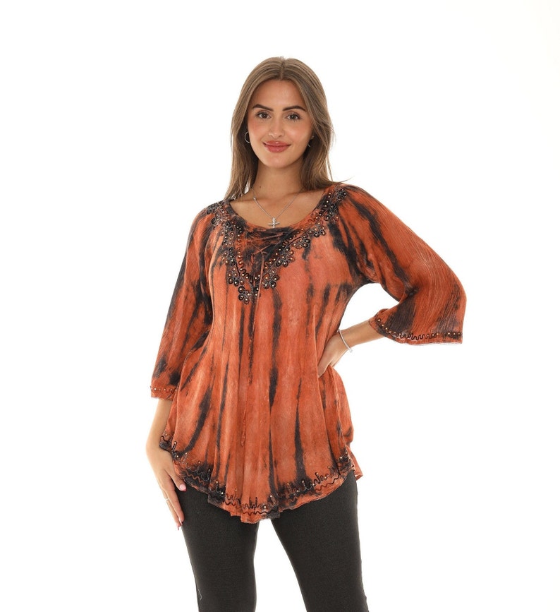 Women's Tie Dye Tunic Top with Embroidery Neckline, Boho Tunic Top With Rhinestone Accent, Plus Size Tunic Top, Spring Summer Tops For Women Rust