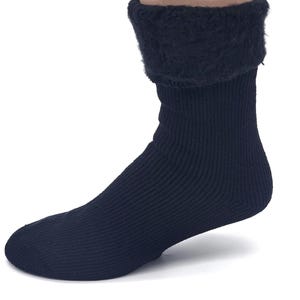 May include: A dark navy blue ribbed knit sock featuring a thick, plush, fuzzy cuff at the top. The sock has a classic crew length design with a textured vertical ribbed pattern extending from the toe up to the soft, fleece-like folded cuff.