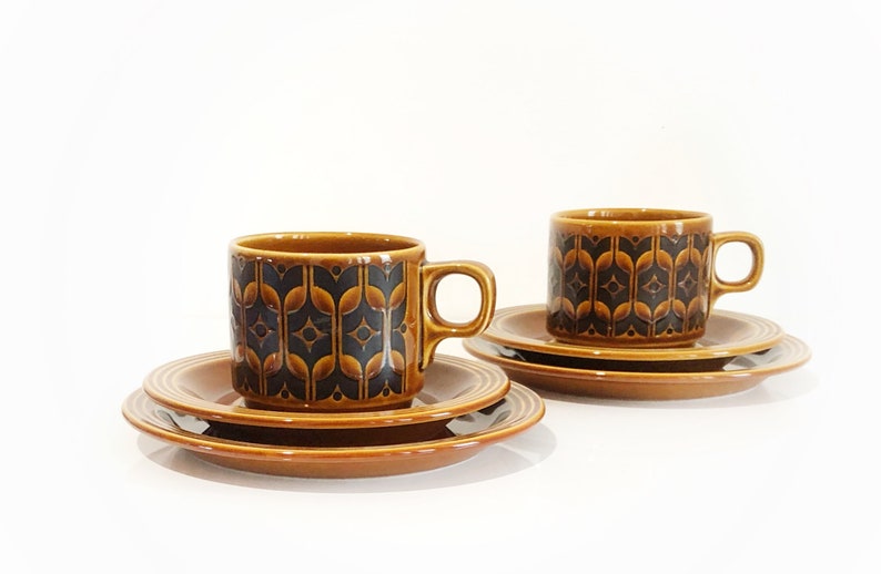 Heirloom pattern Hornsea England cup and saucer in 'Autumn Brown'