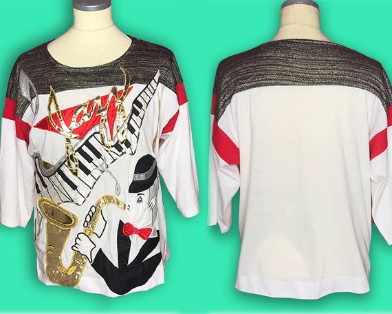 Vintage 1980s Bonnie Boerer "Jazz" Novelty Shirt -