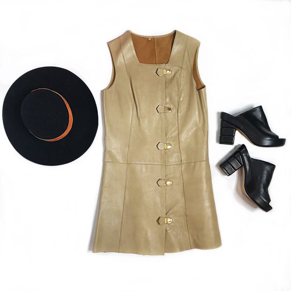 Vintage 1960s Mod Leather Mini Dress Gold Buckles
