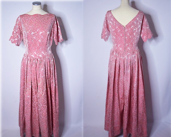 1960s Vintage Floral Brocade Evening Gown Pink and