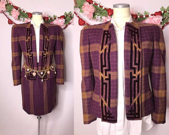 1980s Carolina Herrera Power Suit Plaid Wool Skirt