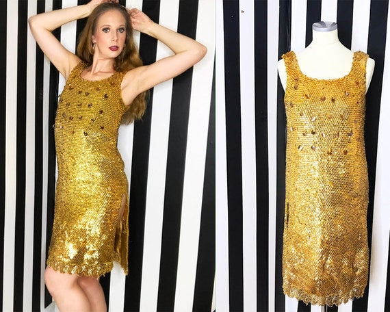 1960s Vintage Gold Sequin Wiggle Dress Large | 60s