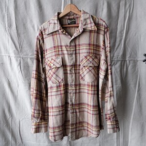 Vintage Klondike 70s Plaid Cotton Flannel Shirt Beige/Red/Yellow Long Sleeve XL