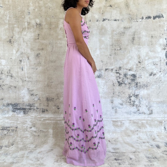 Vintage 70s Lilac Flower Embroidered Maxi Dress - image 6