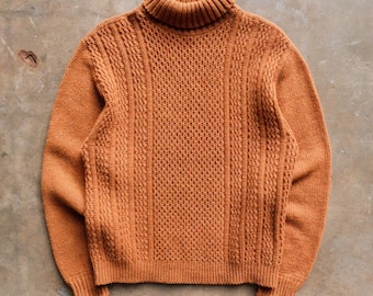 Vintage 70s Revere Cable Knit Turtleneck Sweater Size M Orange Brown Yellow