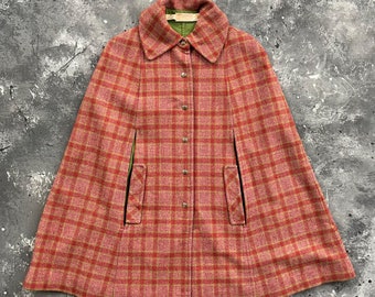Vintage 70s Pendleton Women's Wool Cape  Cloak Coat Pink Red Green Plaid Size 12