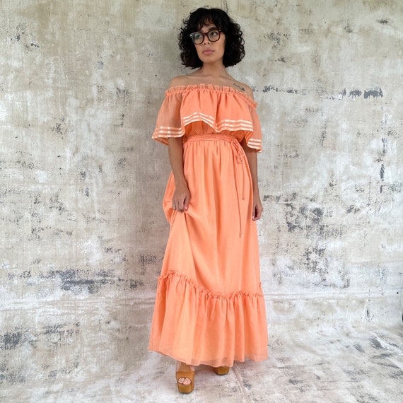 Vintage 70s Off Shoulder Ruffled Peach Maxi Dress - image 1