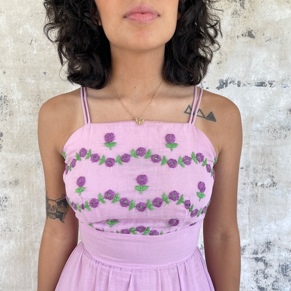 Vintage 70s Lilac Flower Embroidered Maxi Dress - image 3