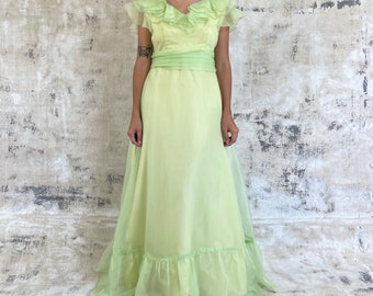Vintage 70s Lime Green Ruffled Formal Maxi Dress