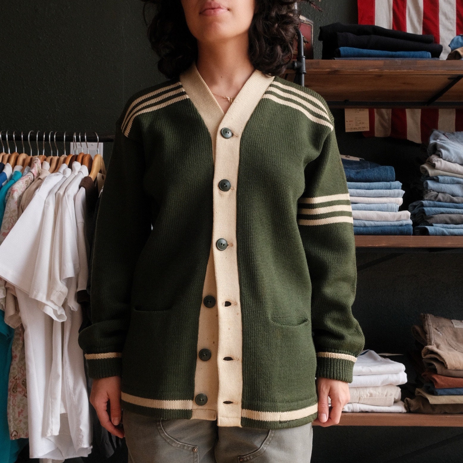 Vintage 1950's Wool Cardigan Size Small Forest Green Cream