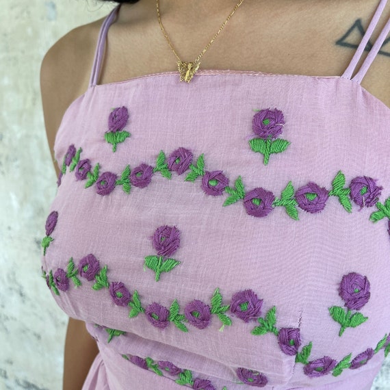 Vintage 70s Lilac Flower Embroidered Maxi Dress - image 4