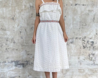 Vintage 70s Eyelet White Lace Midi Dress Boho